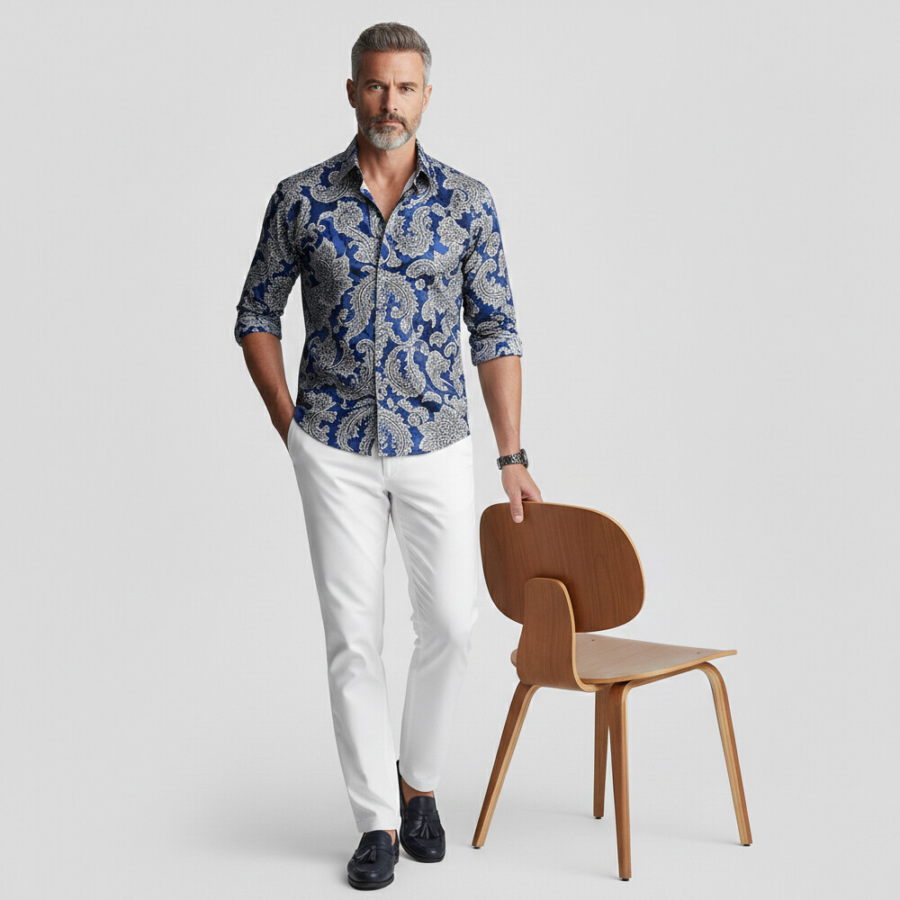 Men's Business Casual Paisley Shirt Collar Single Breasted Long Sleeve Shirts