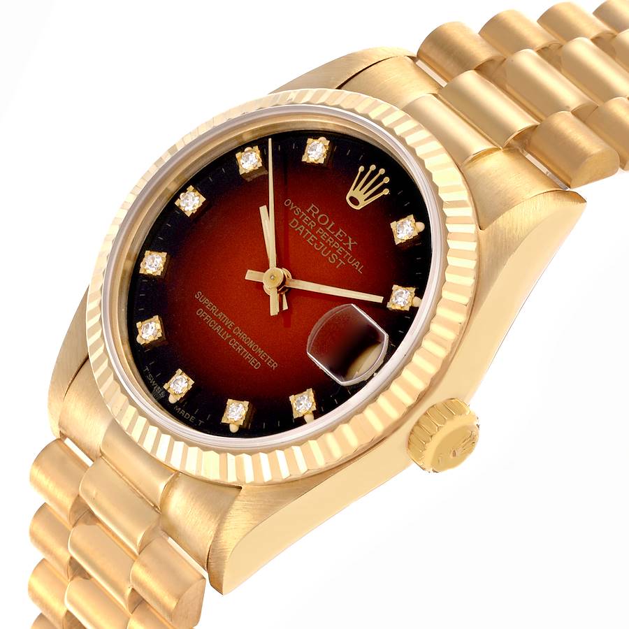 Rolex President Datejust Midsize Red Diamond Dial Yellow Gold Ladies Watch 68278