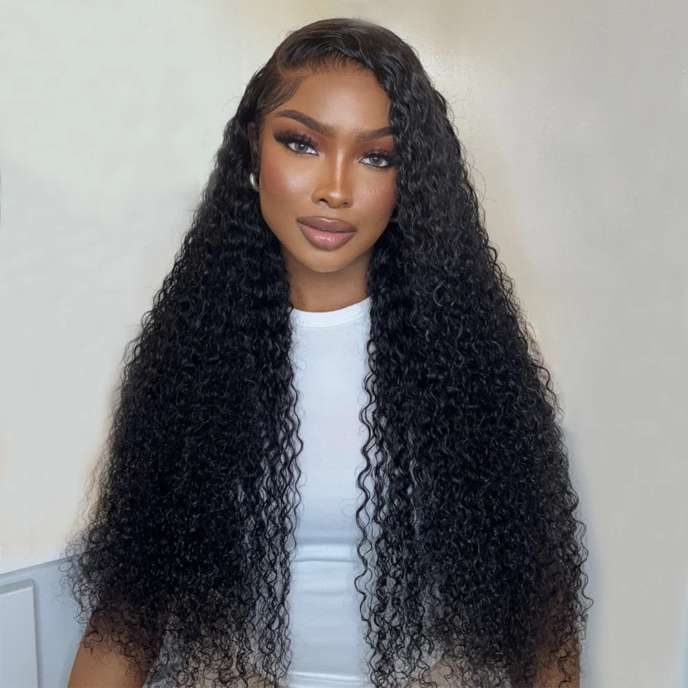 Megalook 13x4 Lace Frontal Jerry Curly Wigs invisible knots Natural Black Natural Edges