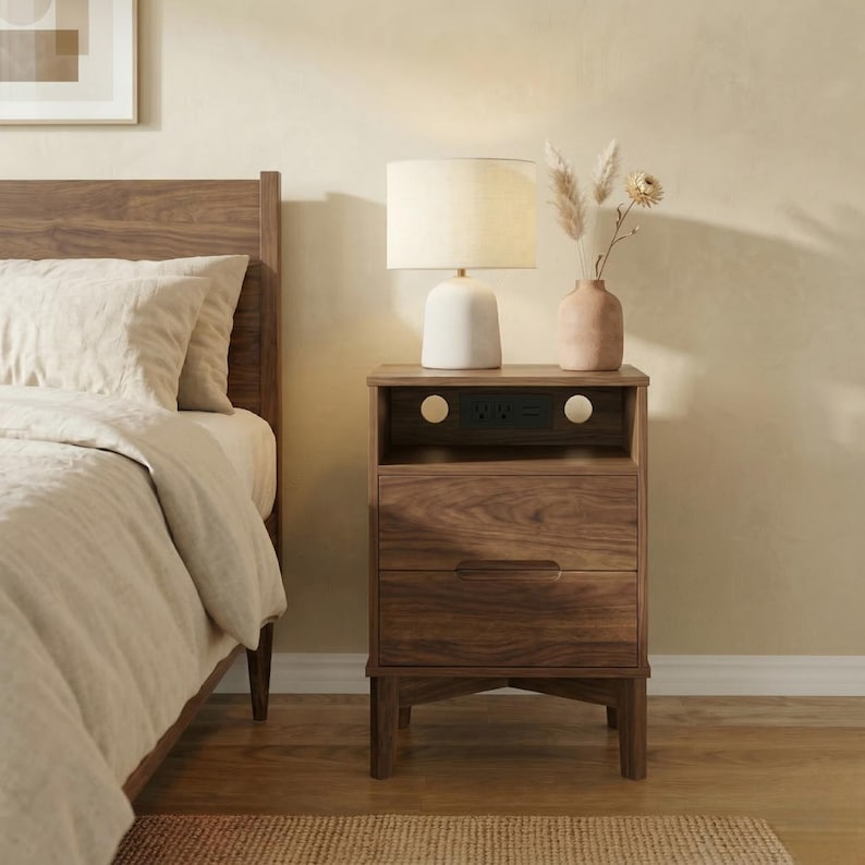 Walnut Nightstand with Charging Station