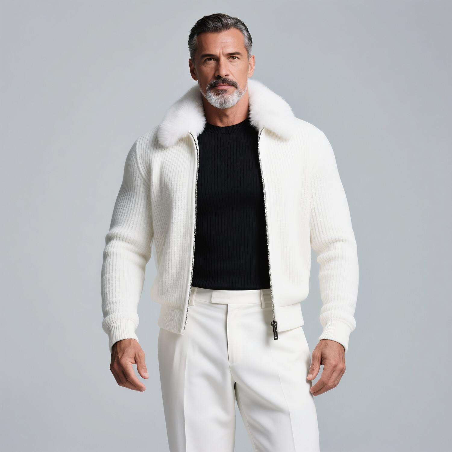 Men's Plush Turndown Collar Long Sleeve Zip Up Rib Knitted Jacket