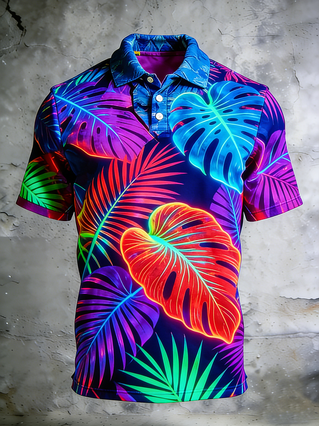 Moisture Wicking Neon Colors Tropical Plants Leaves Short Sleeve Golf Polo