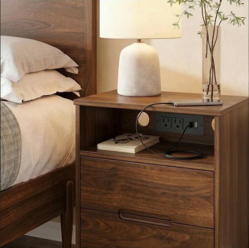 Walnut Nightstand with Charging Station