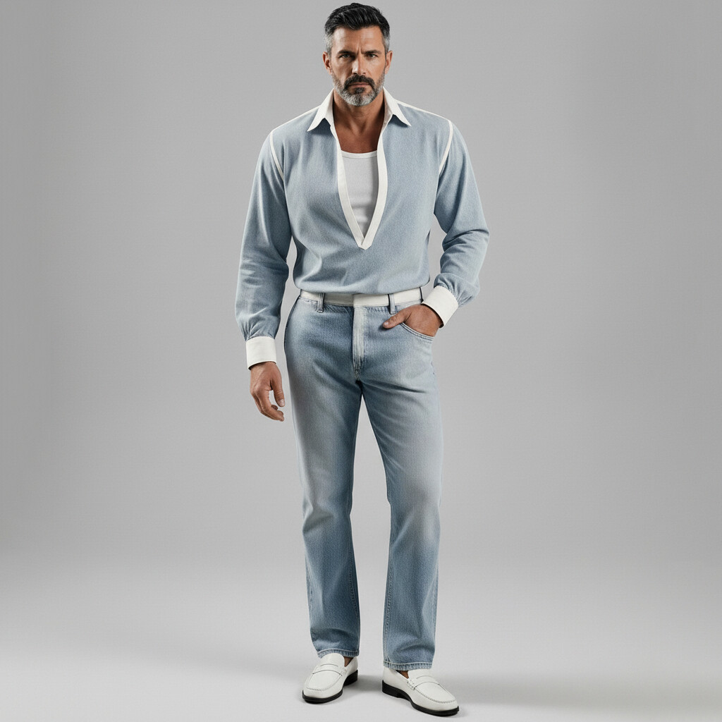 Men's Fashionable Powder Blue Contrast Trim Deep V Neck Long Sleeve Shirt