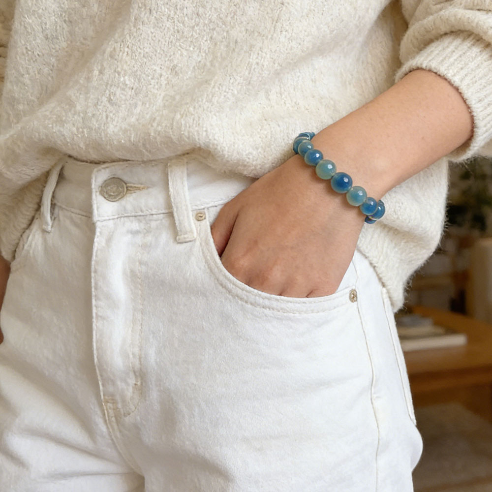 Natural Blue Agate Beaded Bracelet, Calm & Protection Healing Crystal, Balance Energy Spiritual Jewelry