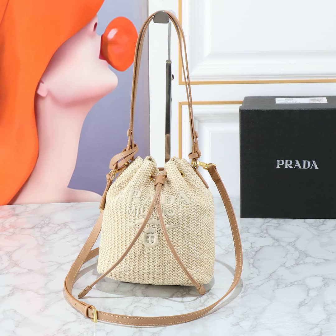 Prada Crochet And Leather Bucket Bag Natural 24Cm 1Be068 2M2T F0018 V Ouo