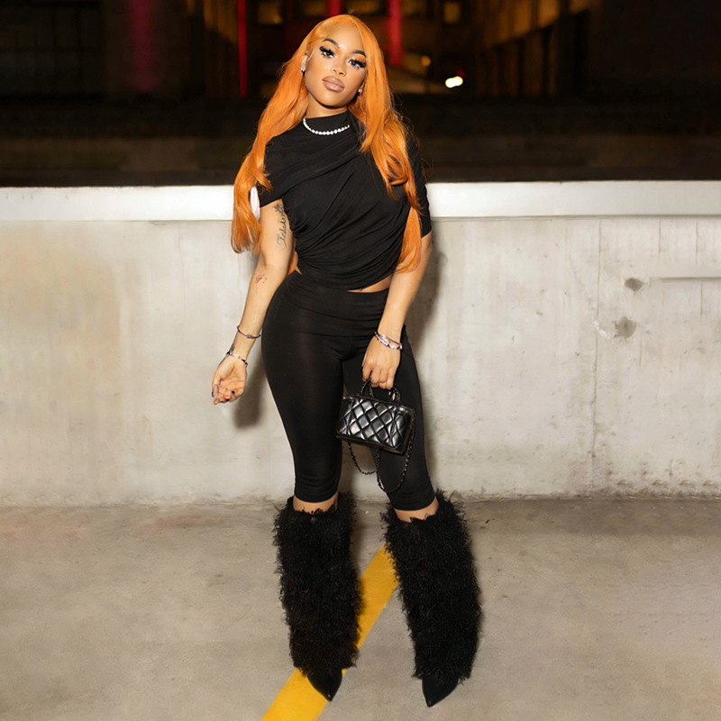 Women Spring Sexy Draped Top and Capri Pants Two-Piece Set