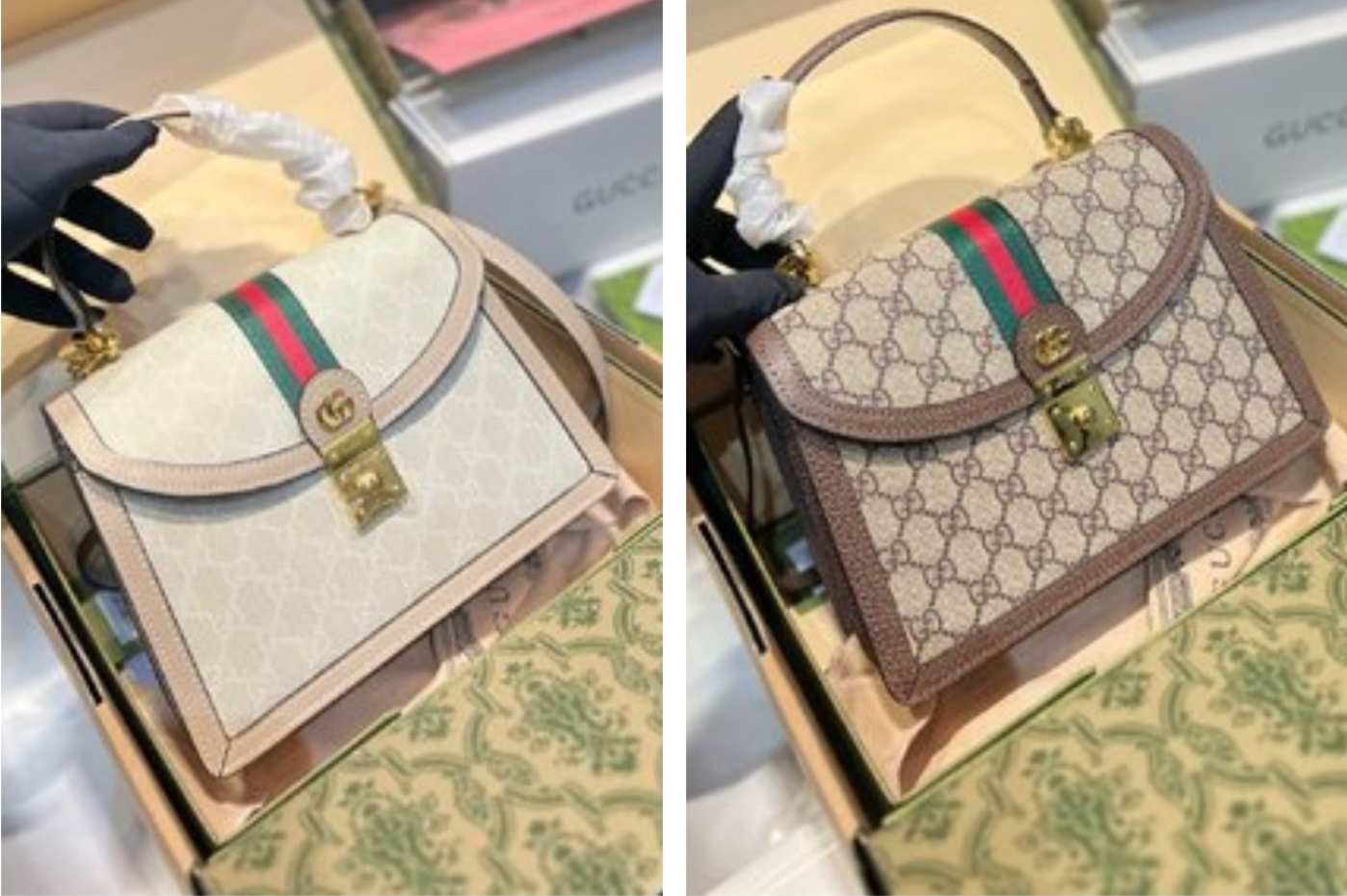 Gucci Ophidia Medium Top Handle Bag Gg Supreme Beige And White 25Cm 651055 Uulag 9682