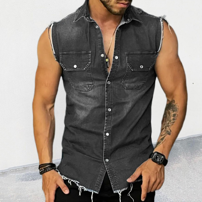 Men's Raw Trim Turndown Collar Button Pocket Denim Vest