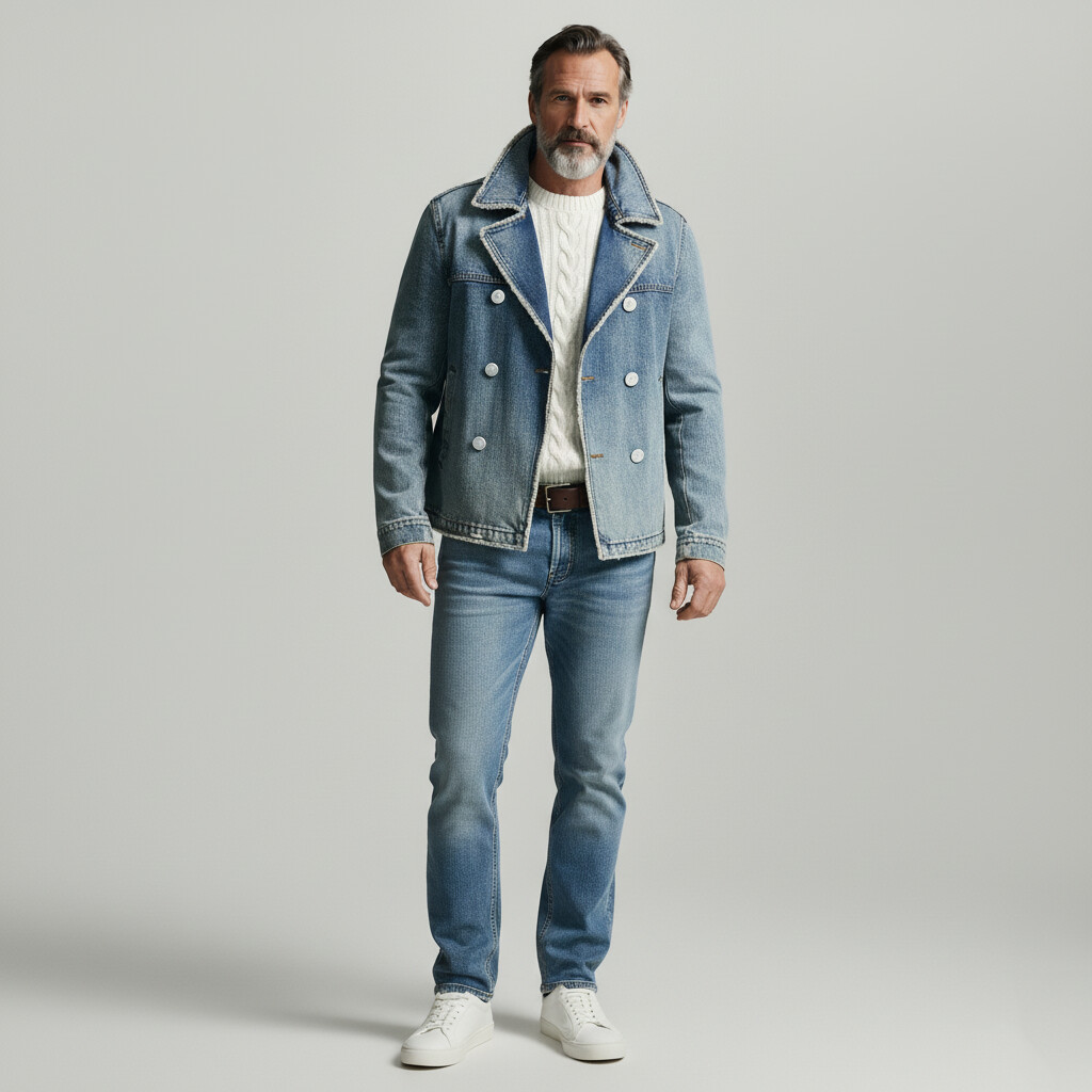 Men's Blue Lapel Collar Double Breasted Long Sleeve Pocket Frayed Trim Denim Jacket