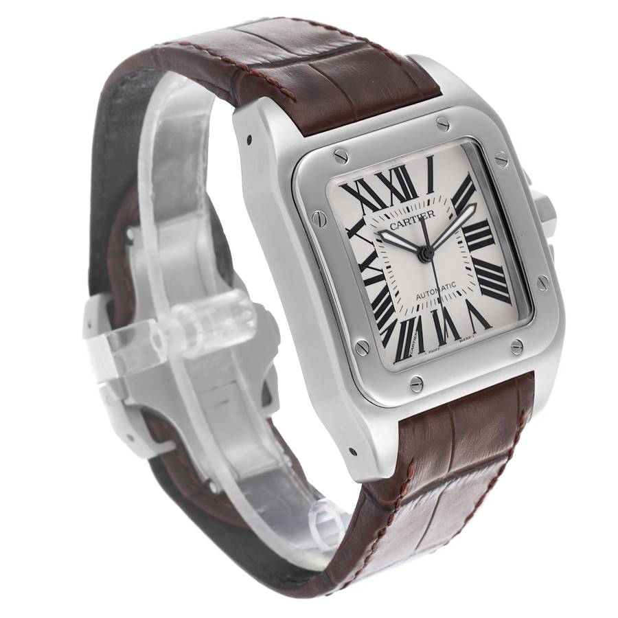 Cartier Santos 100 Brown Strap Steel Mens Watch W20073X8