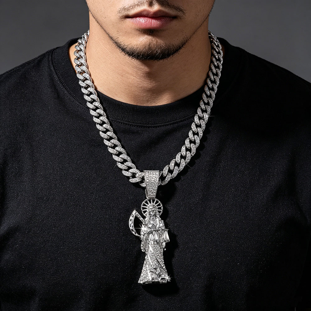 Iced Out Santa Muerte Cuban Link Necklace ✨ Divine Justice & Karmic Protection Talisman
