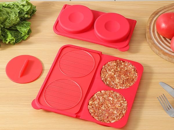 Burger Press for 4.5" 1/4 lb Patties - 4 in 1 Hamburger Press Patty Maker for Kitchen BBQ, Non-Stick Burger Patty Mold for Beef Chicken Veggie, Dishwasher Safe & Freezer Storage (Red)