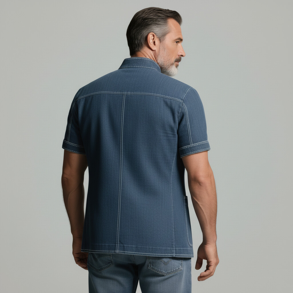 Men's Denim Blue Stand Collar Single Breasted Patch Pockets Short Sleeve Jacket