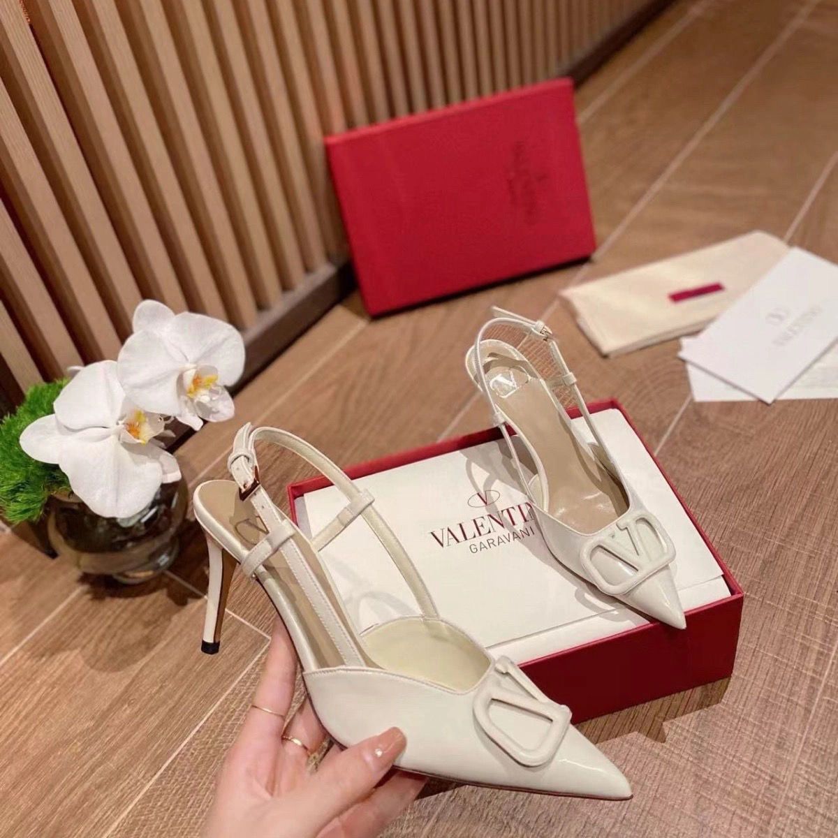 Valentino Vlogo Signature Patent Leather Slingback Pump White