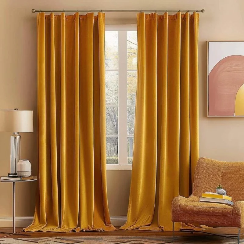 Custom Velvet Curtains Luxury Blackout Curtains  (2 Panels) - Mustard Yellow