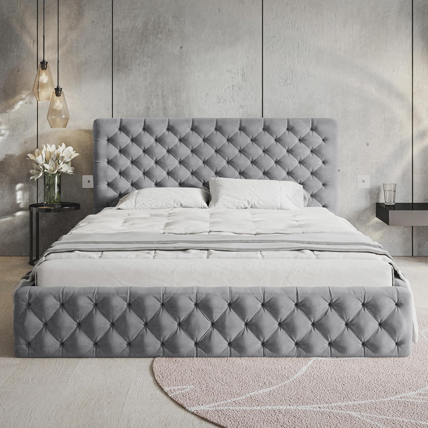 Modern Velvet Upholstered Bed Frame with Storage