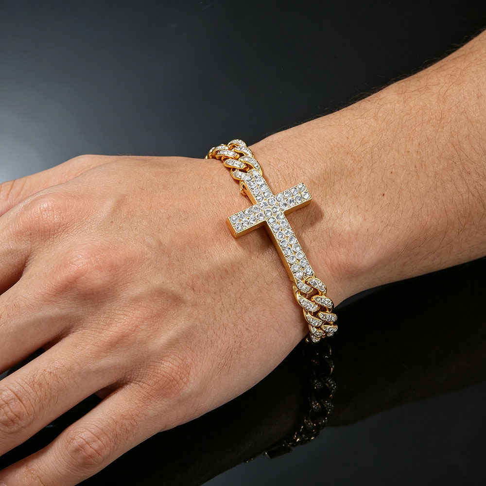 GemVibra Rhinestone Cross Cuban Link Zinc Alloy Bracelet