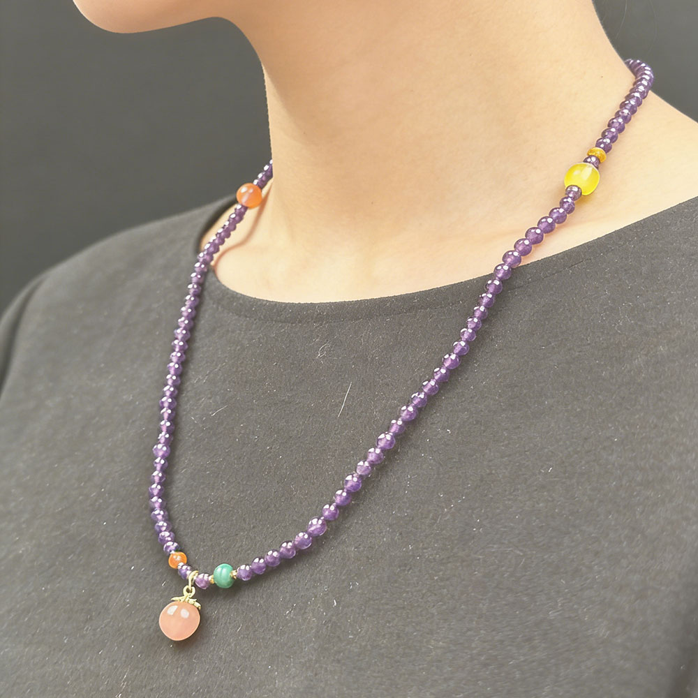 4mm Amethyst Peach Necklace | Spiritual Protection, Calm & Positive Energy