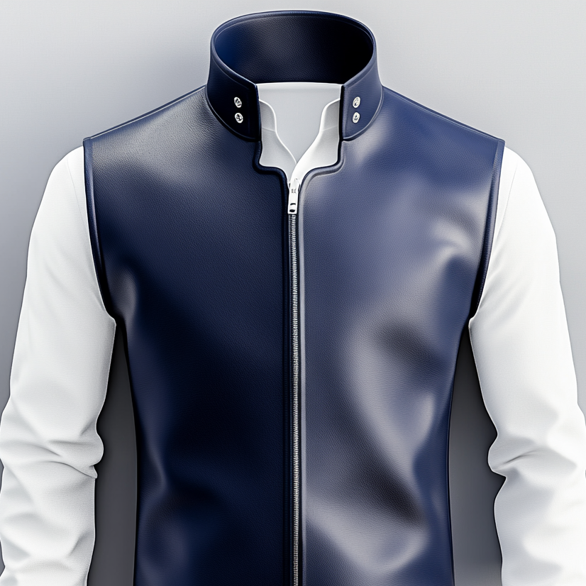 Men's Solid Stand Collar Sleeveless PU Leather Zip Up Vest