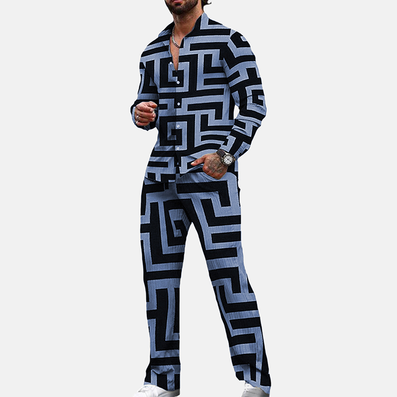 Men's Fashion Geo Pattern Long Sleeve Shirt & Pants 2Pcs Set