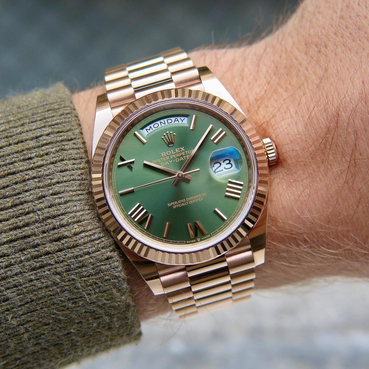Rolex Day-Date President 40mm Olive Green Dial 18ct Everose Gold 228235-0025 Unworn