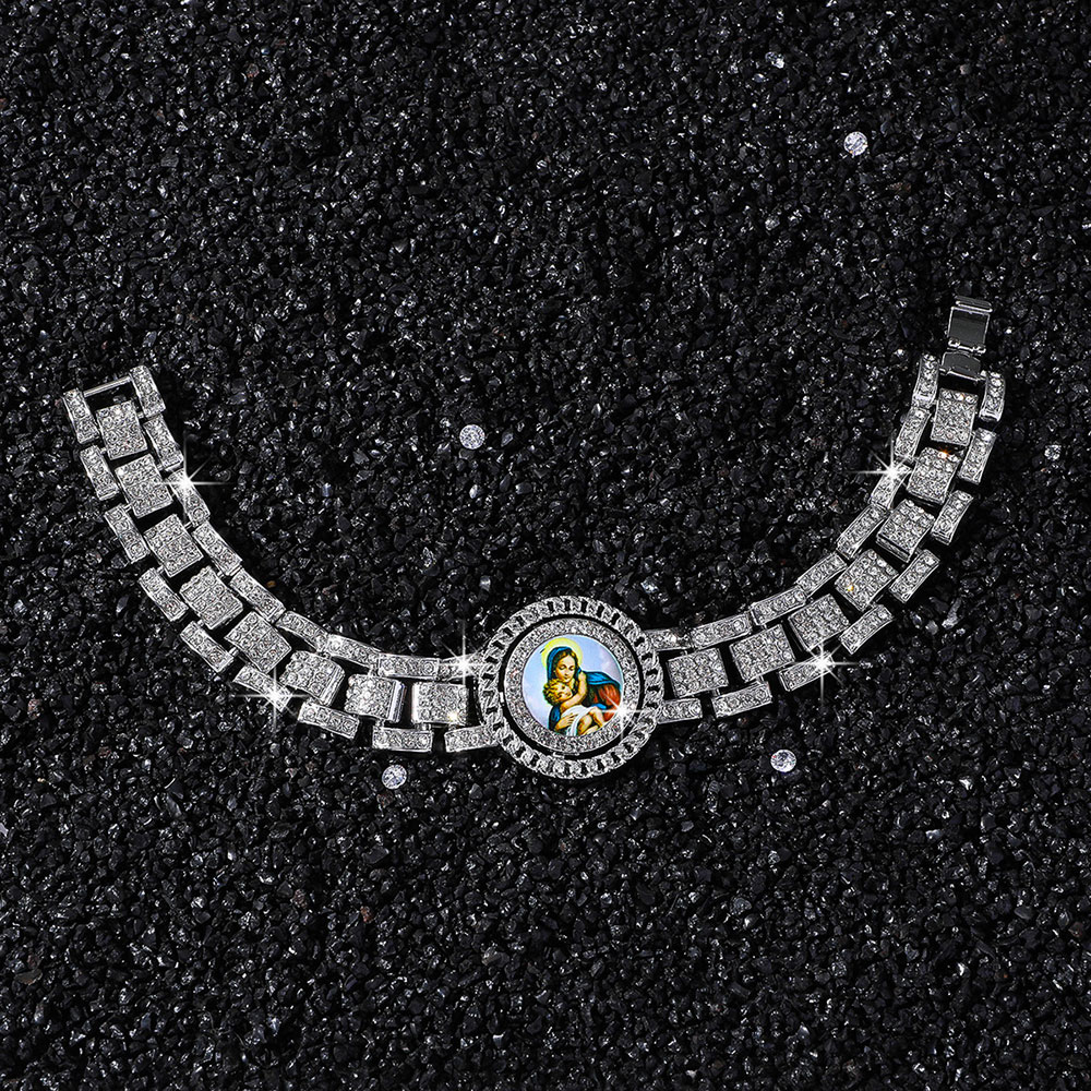 GemVibra Virgin Mary Rhinestone Link Zinc Alloy Bracelet