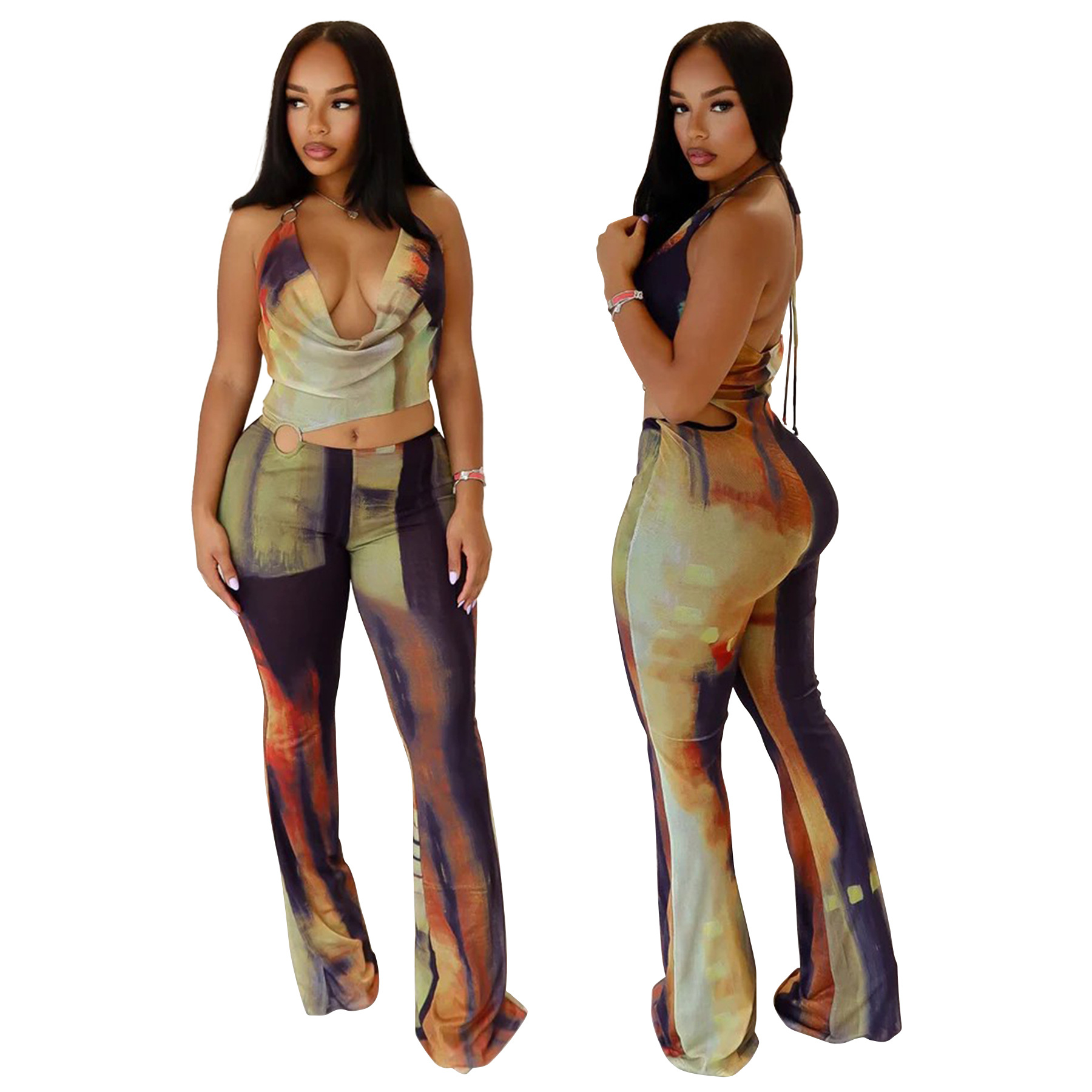 Women’s Circle-Embellished Halter Neck Open-Waist Jumpsuit
