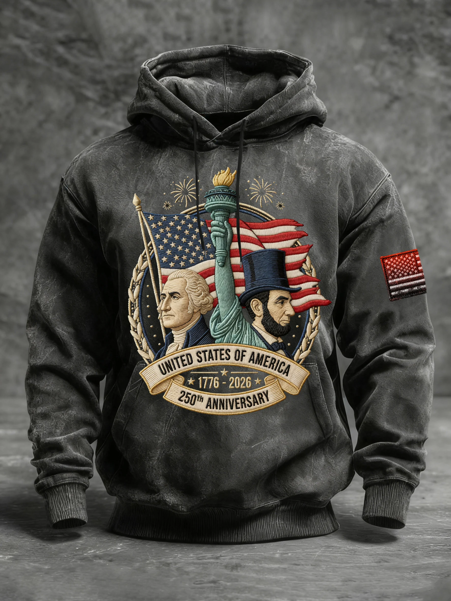 Men's Vintage American Flag Print Hooded Sweatshirt