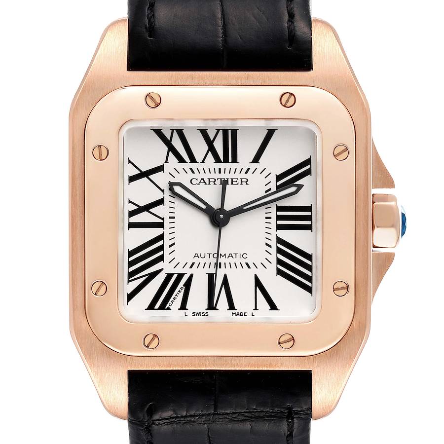 Cartier Santos 100 Midsize Rose Gold Silver Dial Mens Watch W20108Y1