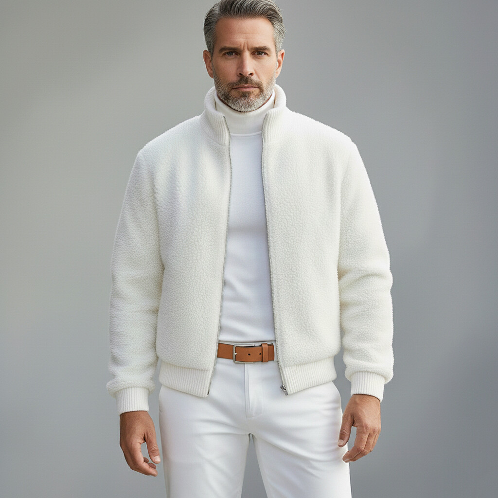 Men's White Teddy Fleece Stand Collar Long Sleeve Zip Up Jacket