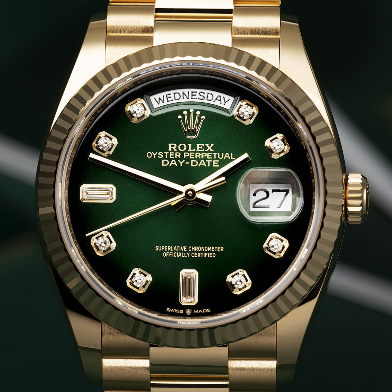 Rolex Day-Date 40mm Green Ombre Diamond Dial Yellow Gold President Automatic Men&rsquo;s Watch 128238
