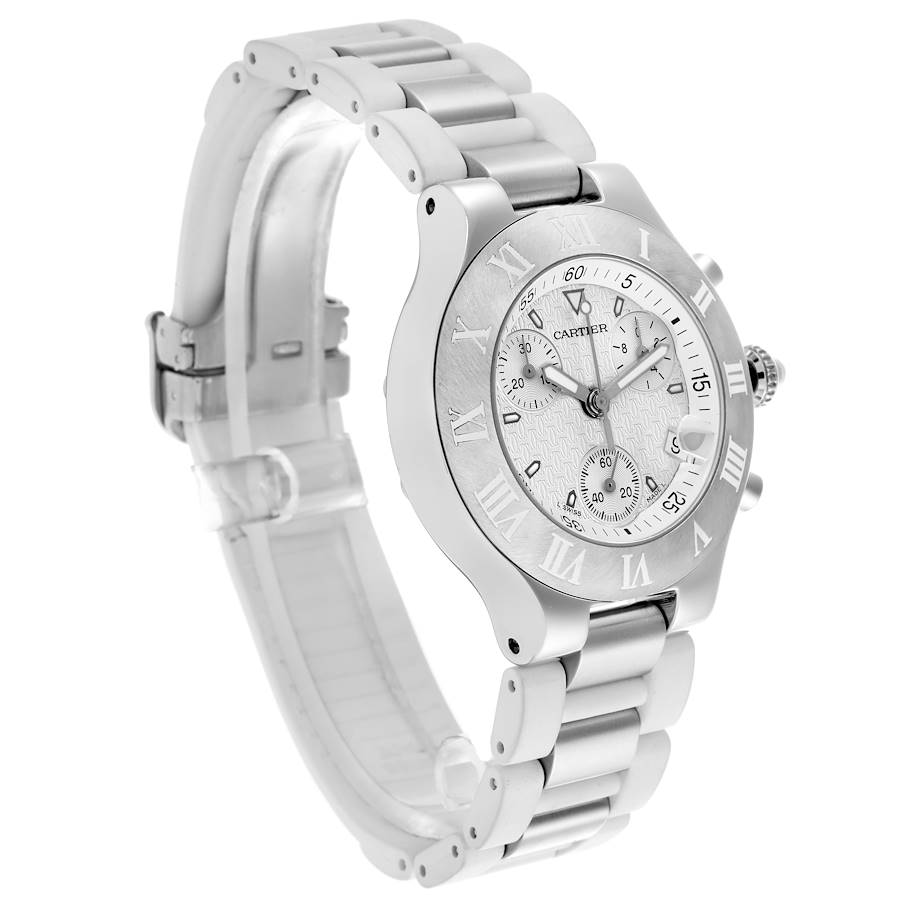 Cartier Must 21 Chronoscaph White Rubber Steel Ladies Watch W10184U2 Papers