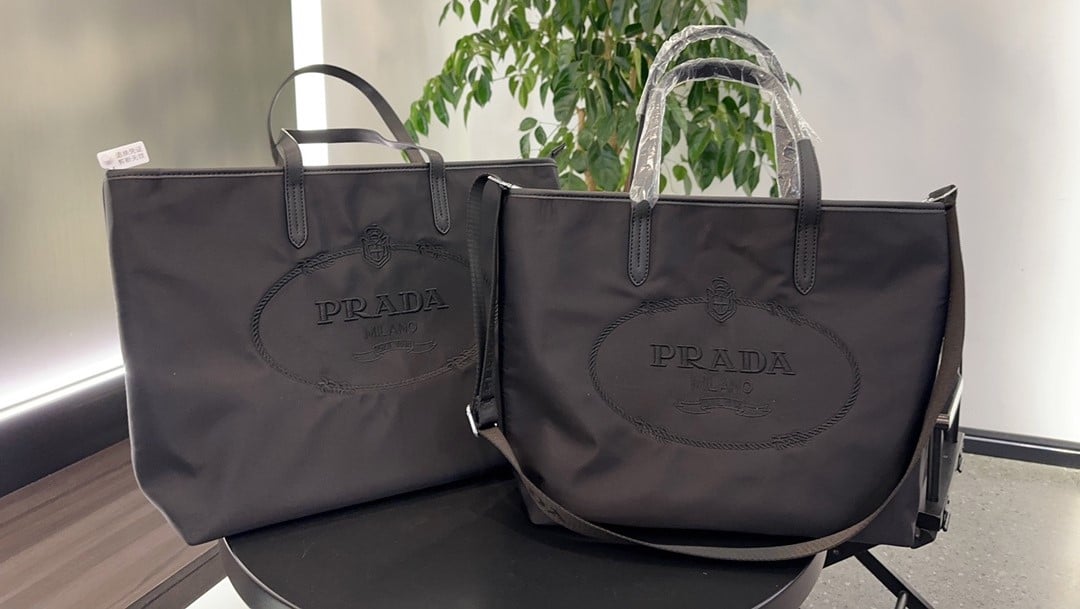 Prada Nylon Tote With Embroidered Logo Black 32Cm
