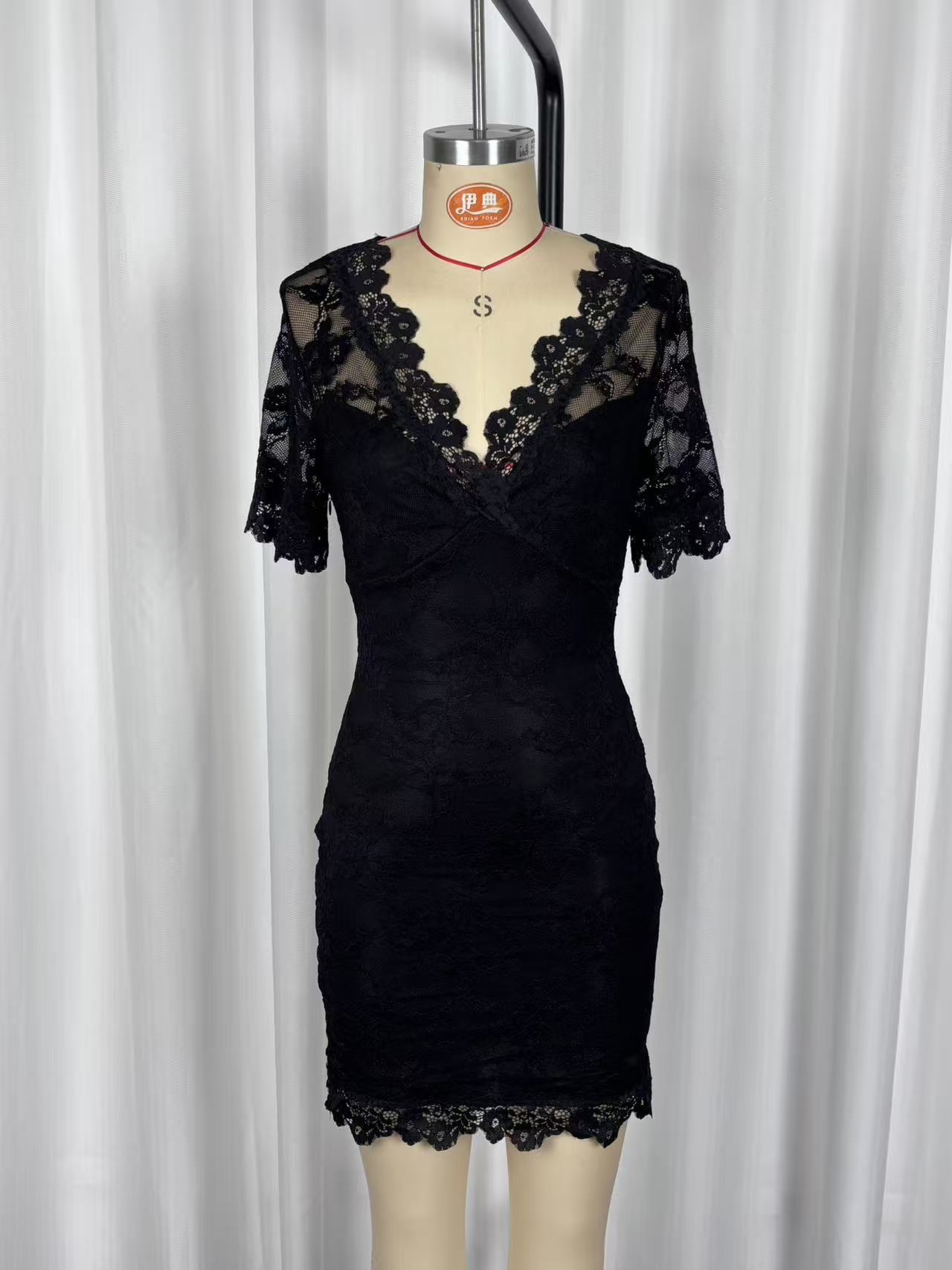 Women Sexy V-Neck Lace See-Through Bodycon Dress
