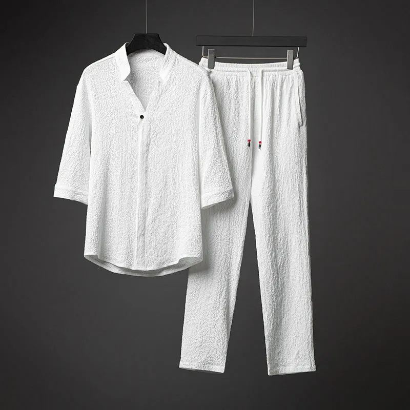 Men's Casual Solid Half Sleeve Blouse & Pockets Drawstring Pants 2Pcs Set