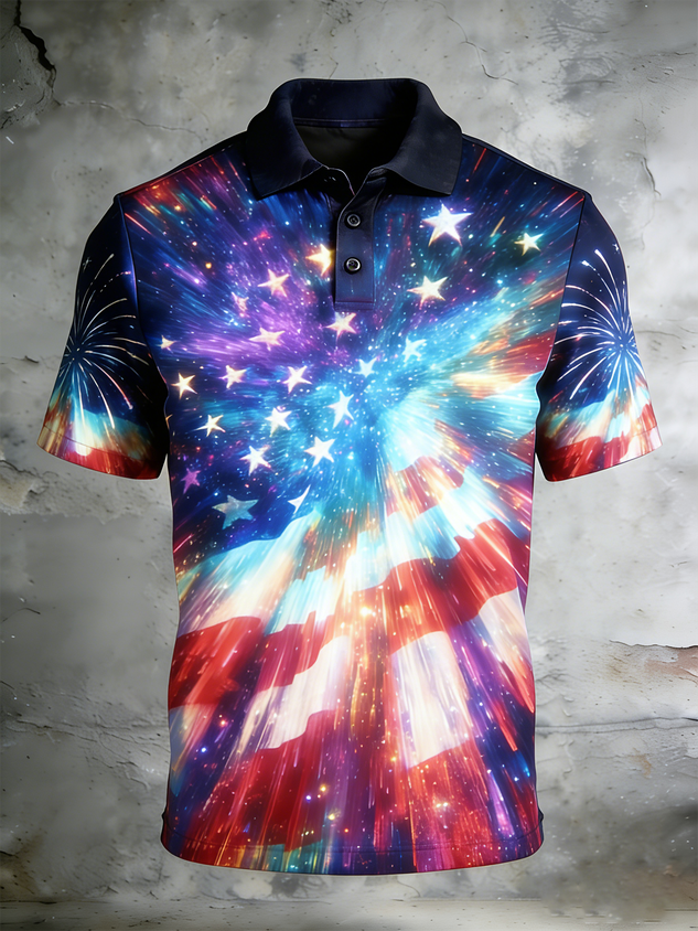 Moisture Wicking 3D Gradient Color American Flag Short Sleeve Golf Polo