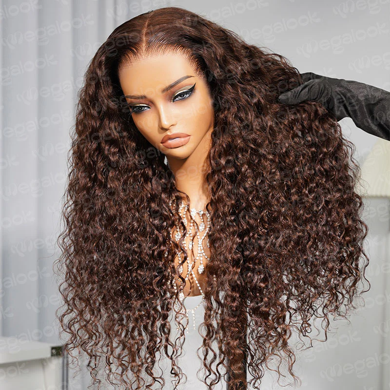 Megalook Limited Time 13x6 Three-Go™ 24 Inch Chocolate Brown Glueless Wigs Water Wave With Drawstring 100% Human Hair Wig