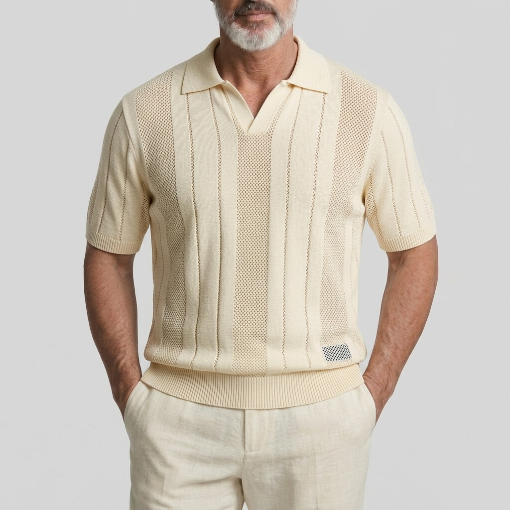 Men's Casual Turndown Collar Hollow Out Knitted Short Sleeve Polo Shirt