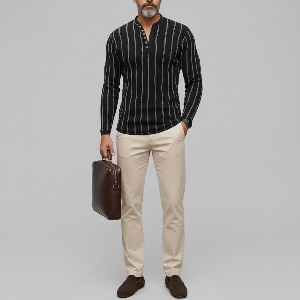 Men's Casual Black Striped Half Button Long Sleeve Henley Shirts