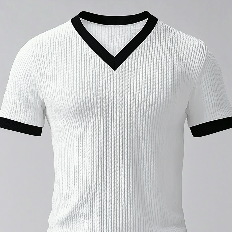 Men's V Neck Short Sleeve Knitted Contrast Binding T-Shirt