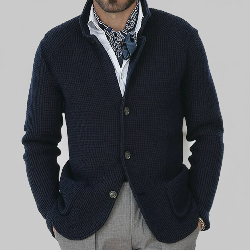 Men's Army Green Stand Collar Long Sleeve Button Patch Pocket Knit Cardigans