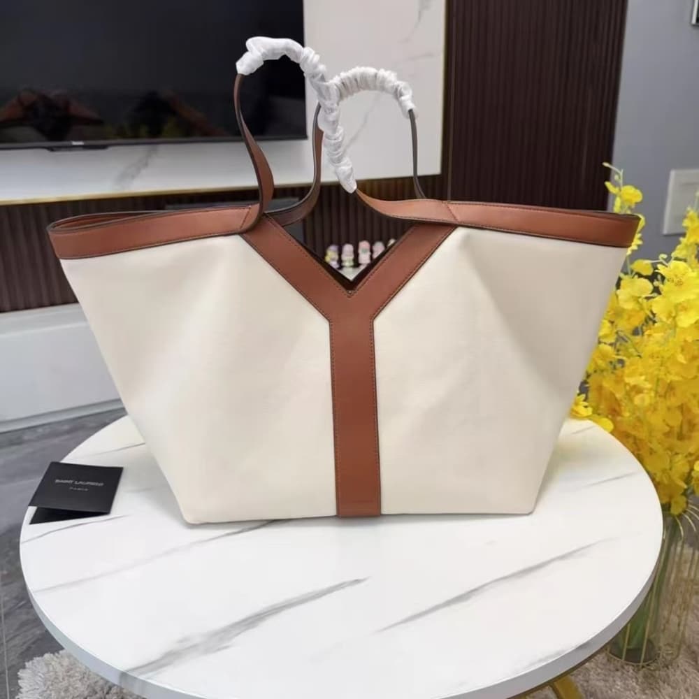 Saint Laurent Y Tote In Canvas And Leather Bag Beige 37cm 817602fac7t9856