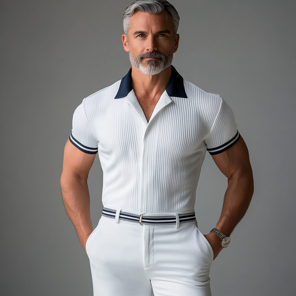 Men's Camp Collar Contrast Striped Short Sleeve Fold Shirt