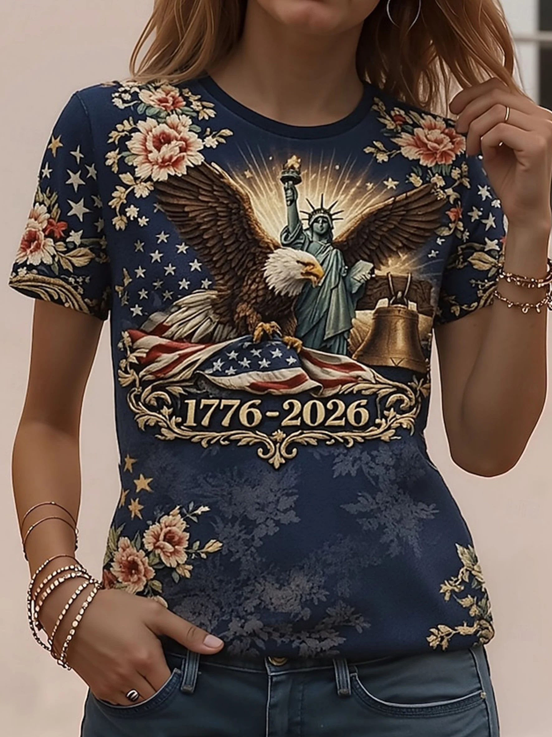 Women's 250th Anniversary Printed Casual Crew Neck Top