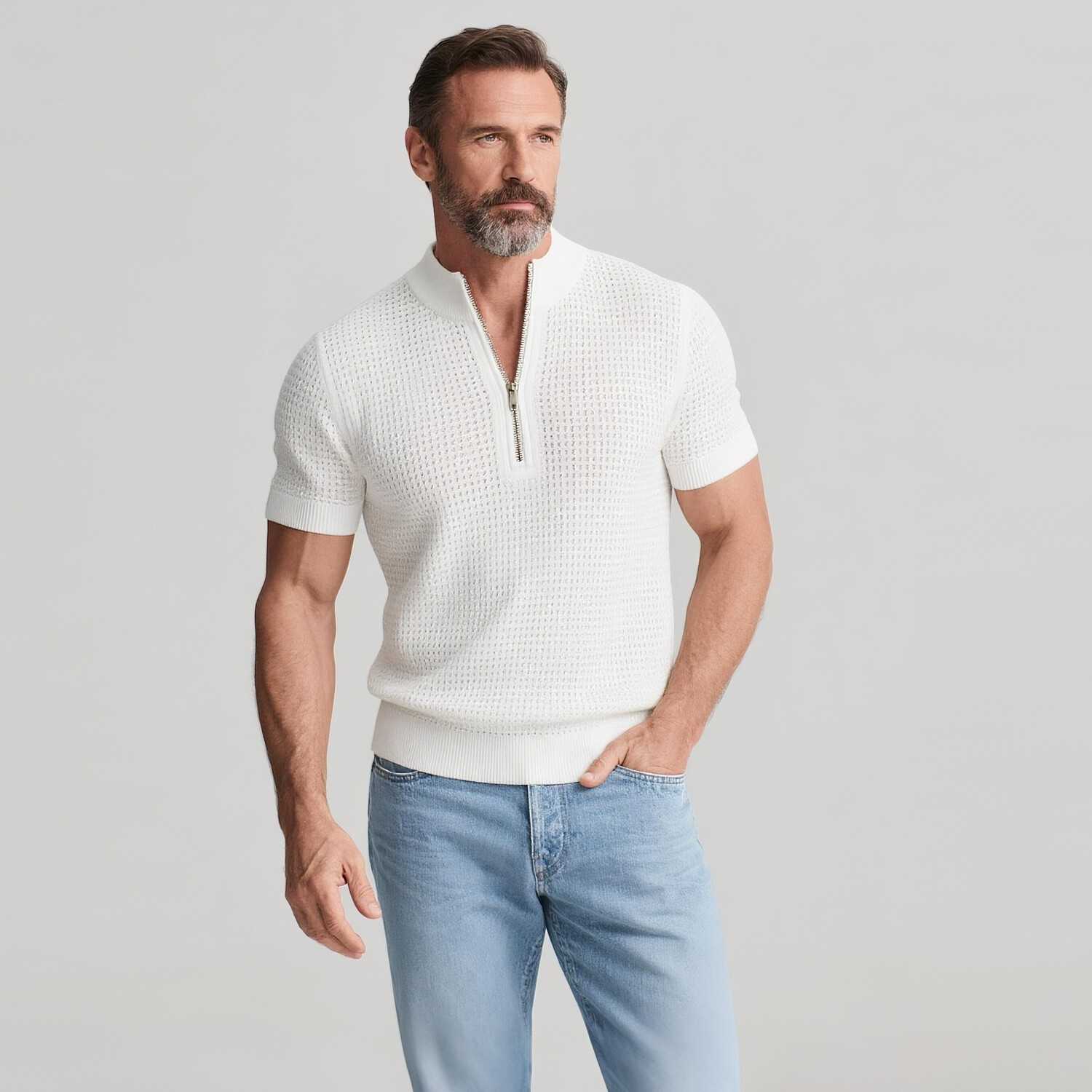 Men's Stand Collar Half Zip Short Sleeve Hollow Knitted Shirt