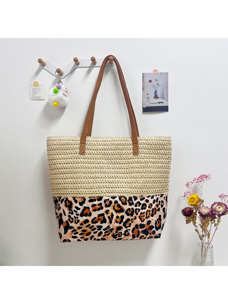Bohemian Leopard Straw Patchwork Zipper Tote Bag