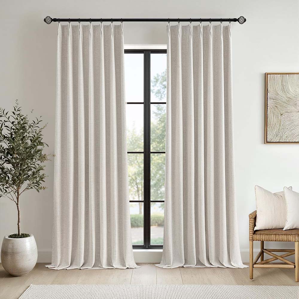 Natural Pinch Pleated 100% Blackout Linen Curtains (2 Panels)