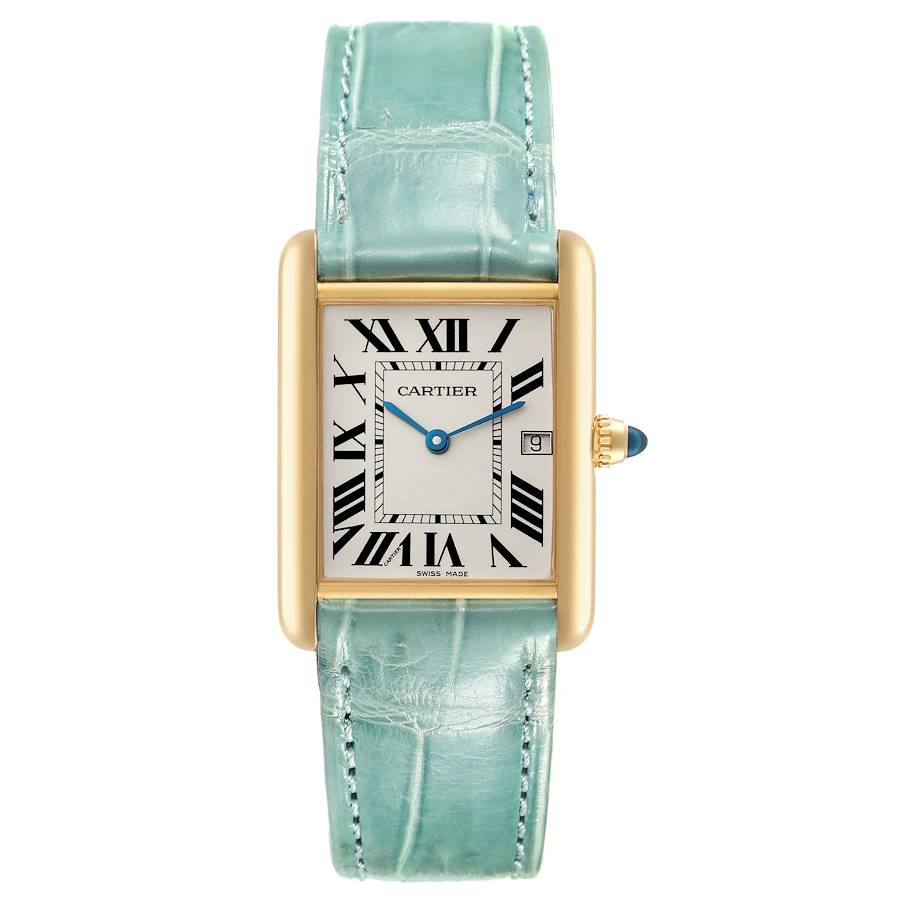 Cartier Tank Louis Yellow Gold Teal Leather Strap Mens Watch W1529756