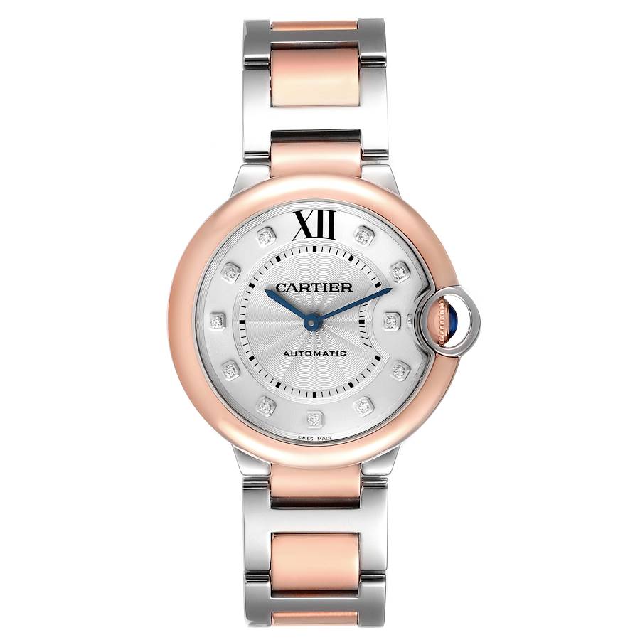 Cartier Ballon Bleu 36mm Steel Rose Gold Diamond Mens Watch W3BB0013